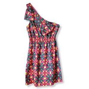 Colorful Bow Mod Geometric Floral Print Fit Flare Dress 6 One Shoulder Dress NEW